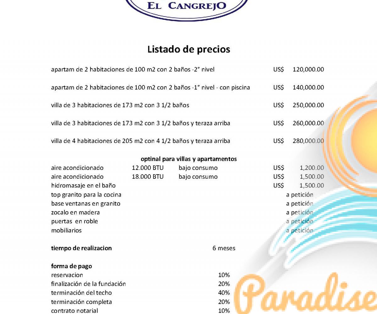 Listado de los Precios Villas y Apartamentos