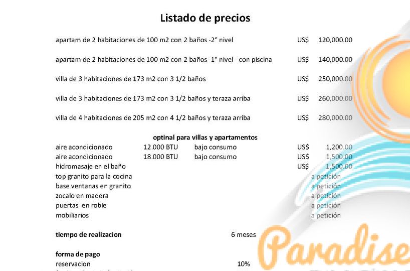 Listado de los Precios Villas y Apartamentos