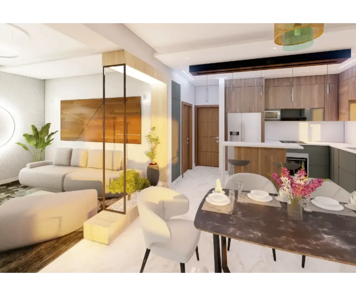 Apartamento moderno en Las Terrenas, Samaná, con sala, cocina y comedor abiertos y luminosos.