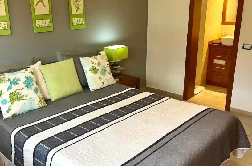 Habitación con cama y baño en el apartamento en Aligio Las Terrenas