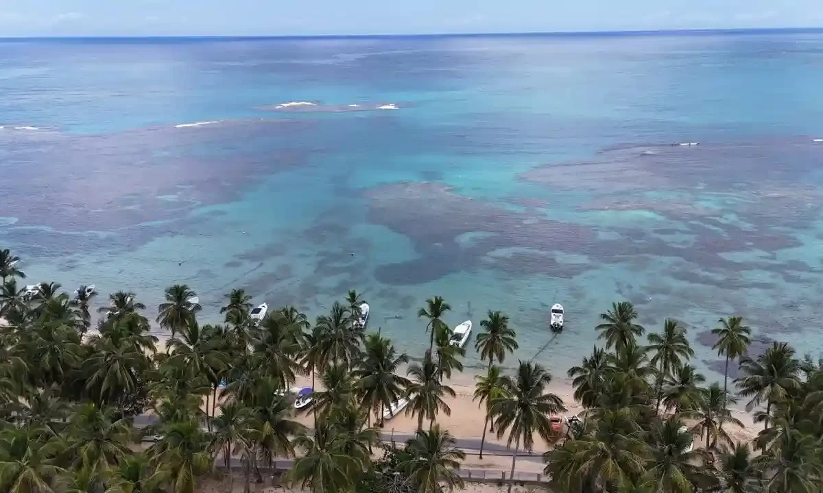 Vista aérea del apartamento en Aligio Las Terrenas mostrando piscina, jardines y edificio