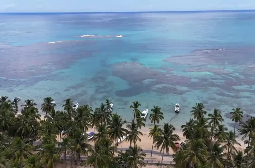 Vista aérea del apartamento en Aligio Las Terrenas mostrando piscina, jardines y edificio