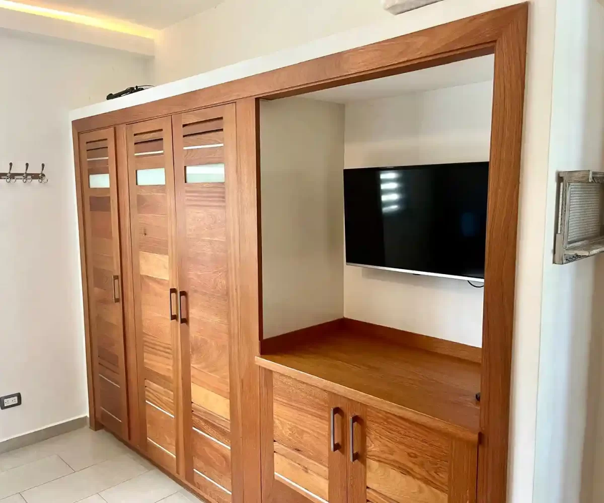 Armario con TV en el apartamento en Aligio Las Terrenas mostrando almacenamiento y diseño moderno