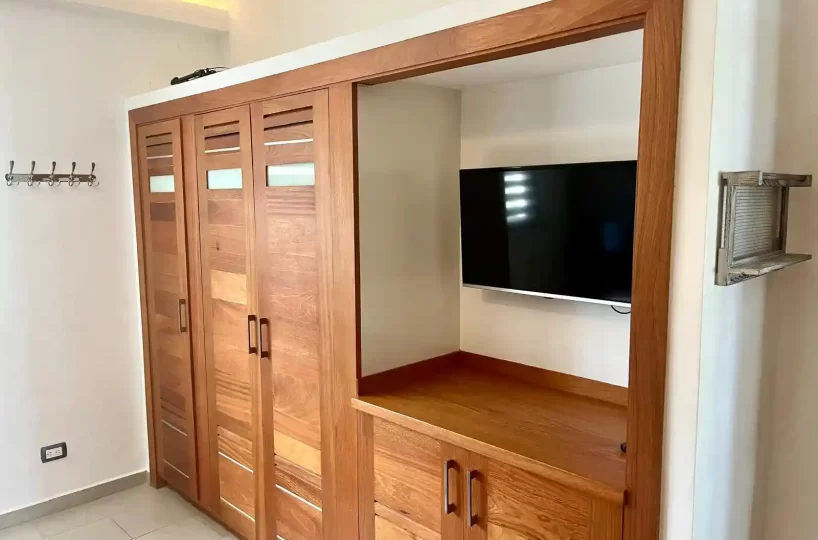 Armario con TV en el apartamento en Aligio Las Terrenas mostrando almacenamiento y diseño moderno