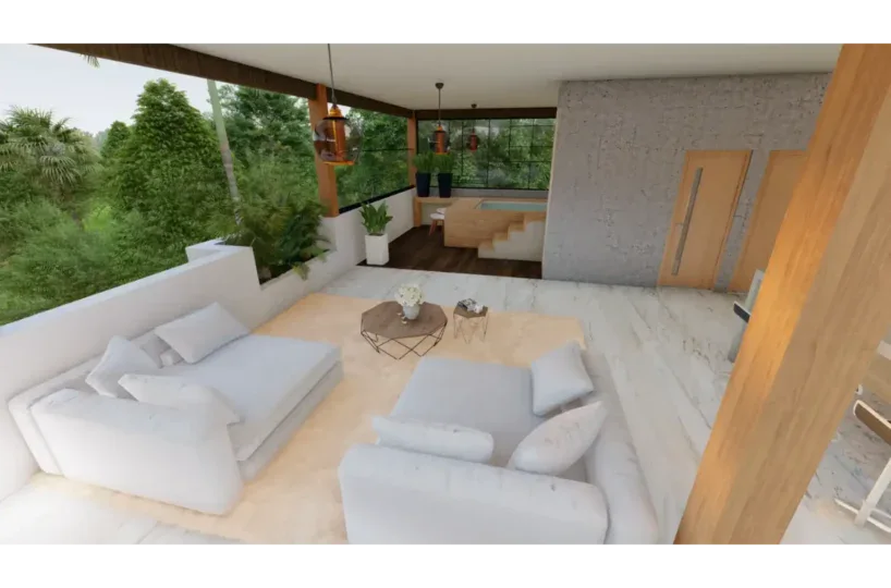 Amplio salón con grandes ventanas y vistas a la naturaleza en Las Terrenas.