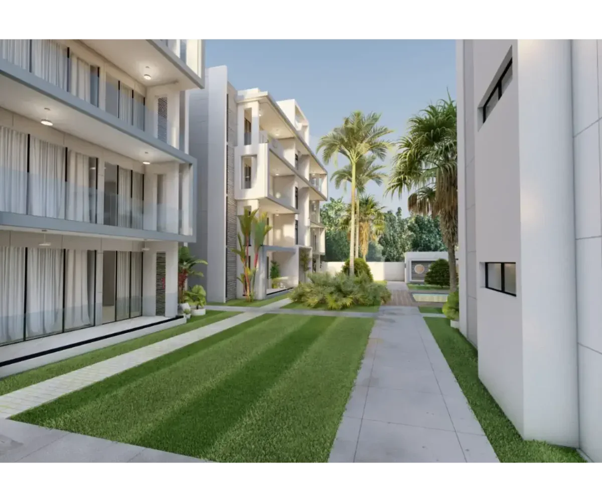 Moderno complejo residencial en Las Terrenas con jardines y áreas verdes.