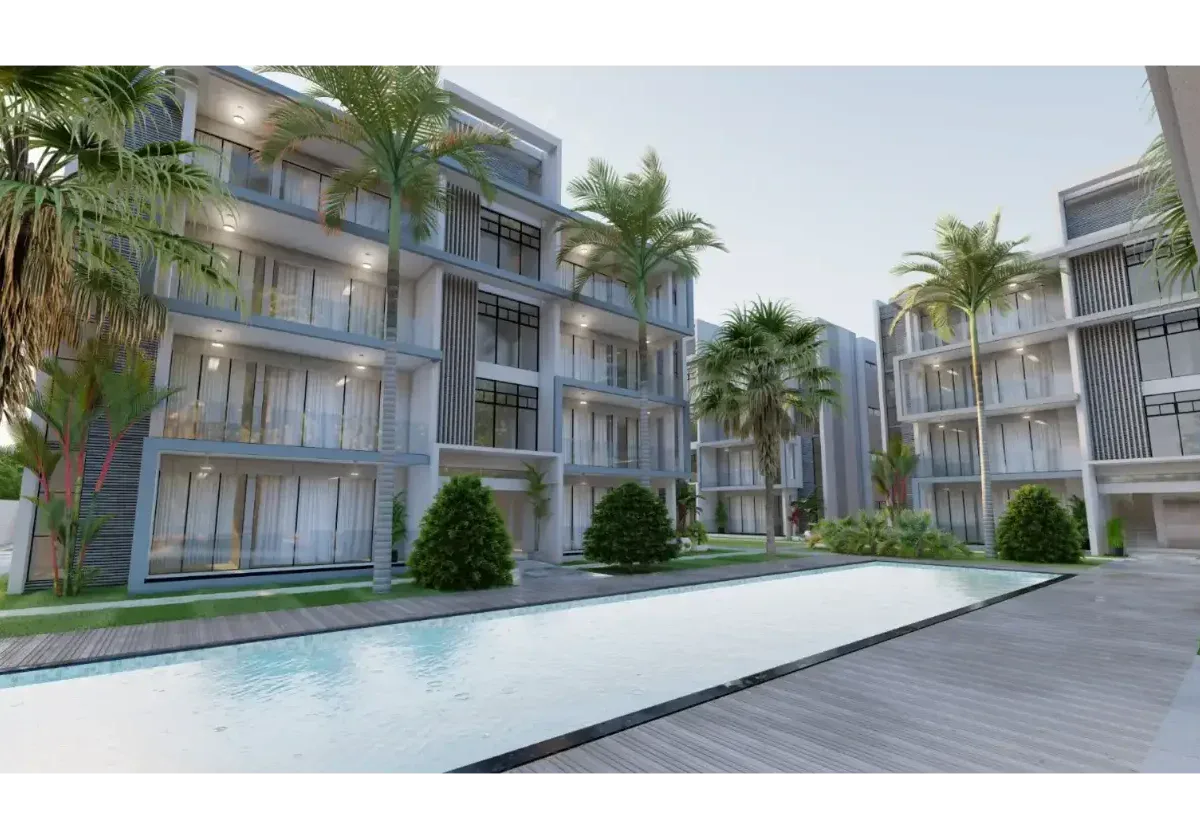 Apartamento moderno en Las Terrenas con piscina y jardines tropicales.