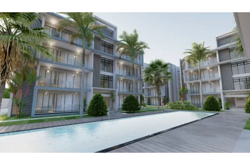 Apartamento moderno en Las Terrenas con piscina y jardines tropicales.