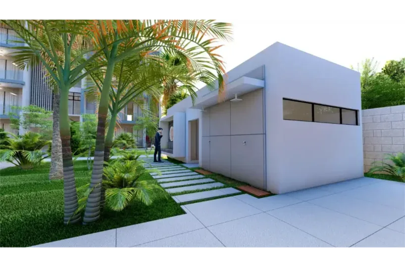 Villa moderna en Las Terrenas con jardín tropical y arquitectura contemporánea.