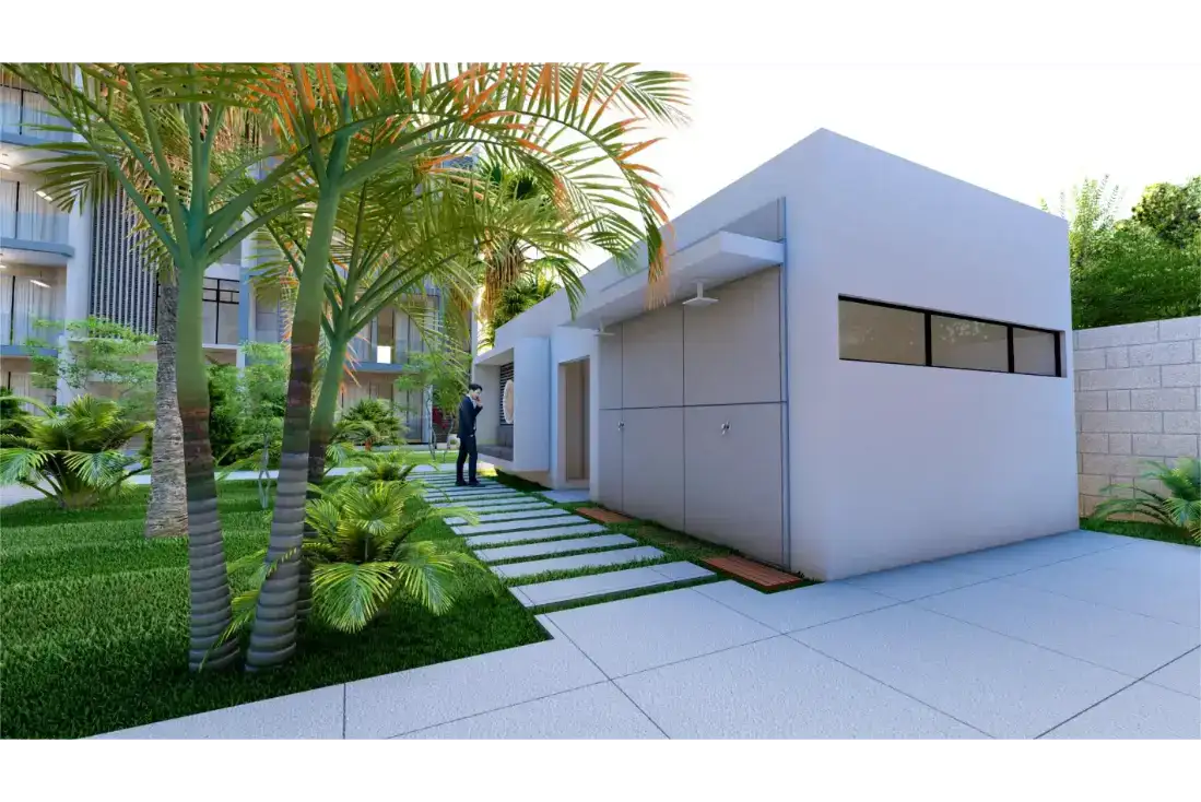 Villa moderna en Las Terrenas con jardín tropical y arquitectura contemporánea.