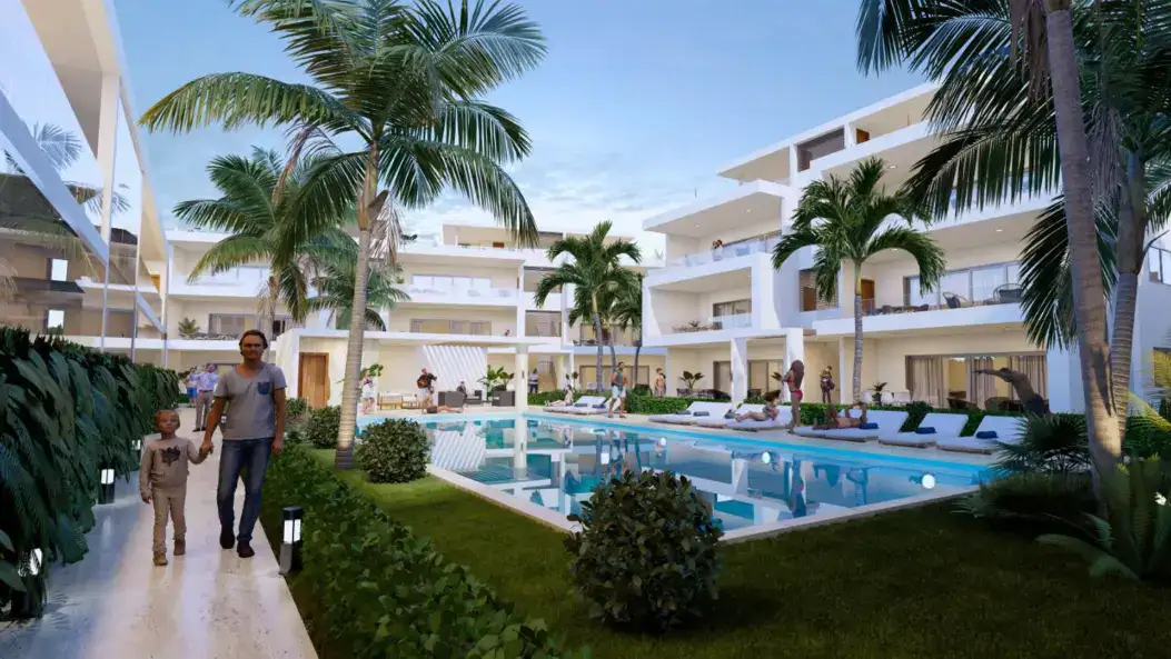 Piscina y áreas verdes en Las Terrenas, cerca de la playa.