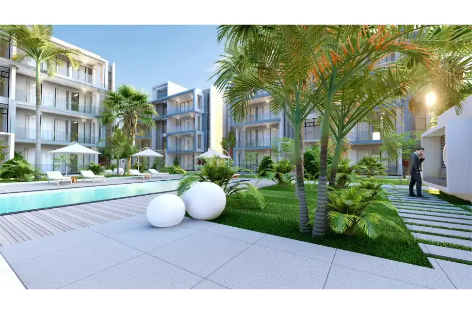 Hermoso complejo residencial en Las Terrenas, Samaná, con áreas verdes y piscina.