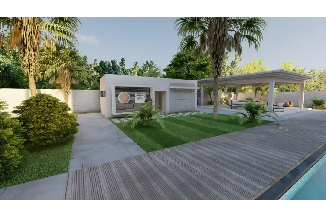Vivienda moderna en Las Terrenas con jardín y piscina, ubicada en Calle Duarte, Samaná.