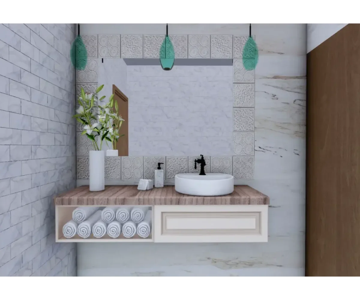 Espejo y lavabo en un baño contemporáneo en Calle Duarte, Las Terrenas, Samaná.