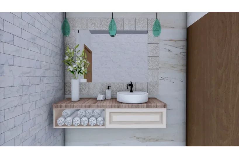 Espejo y lavabo en un baño contemporáneo en Calle Duarte, Las Terrenas, Samaná.
