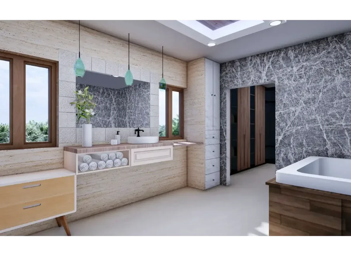Amplio baño con bañera y vista al exterior.