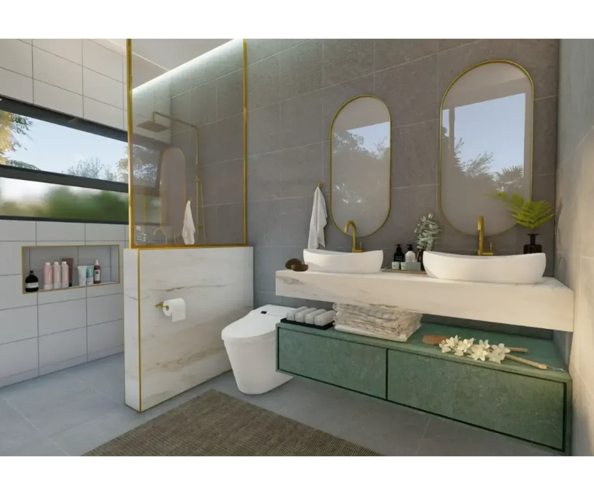 Baño moderno con doble lavabo y decoración elegante.