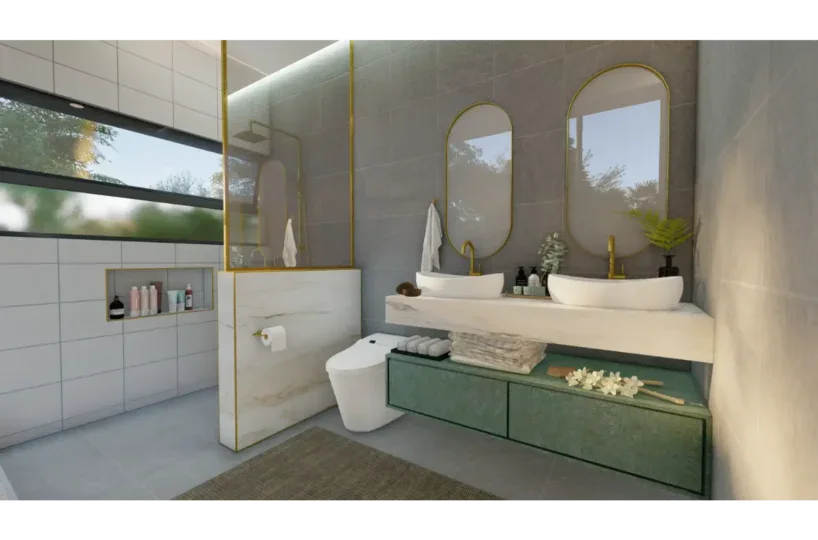 Baño moderno con doble lavabo y decoración elegante.