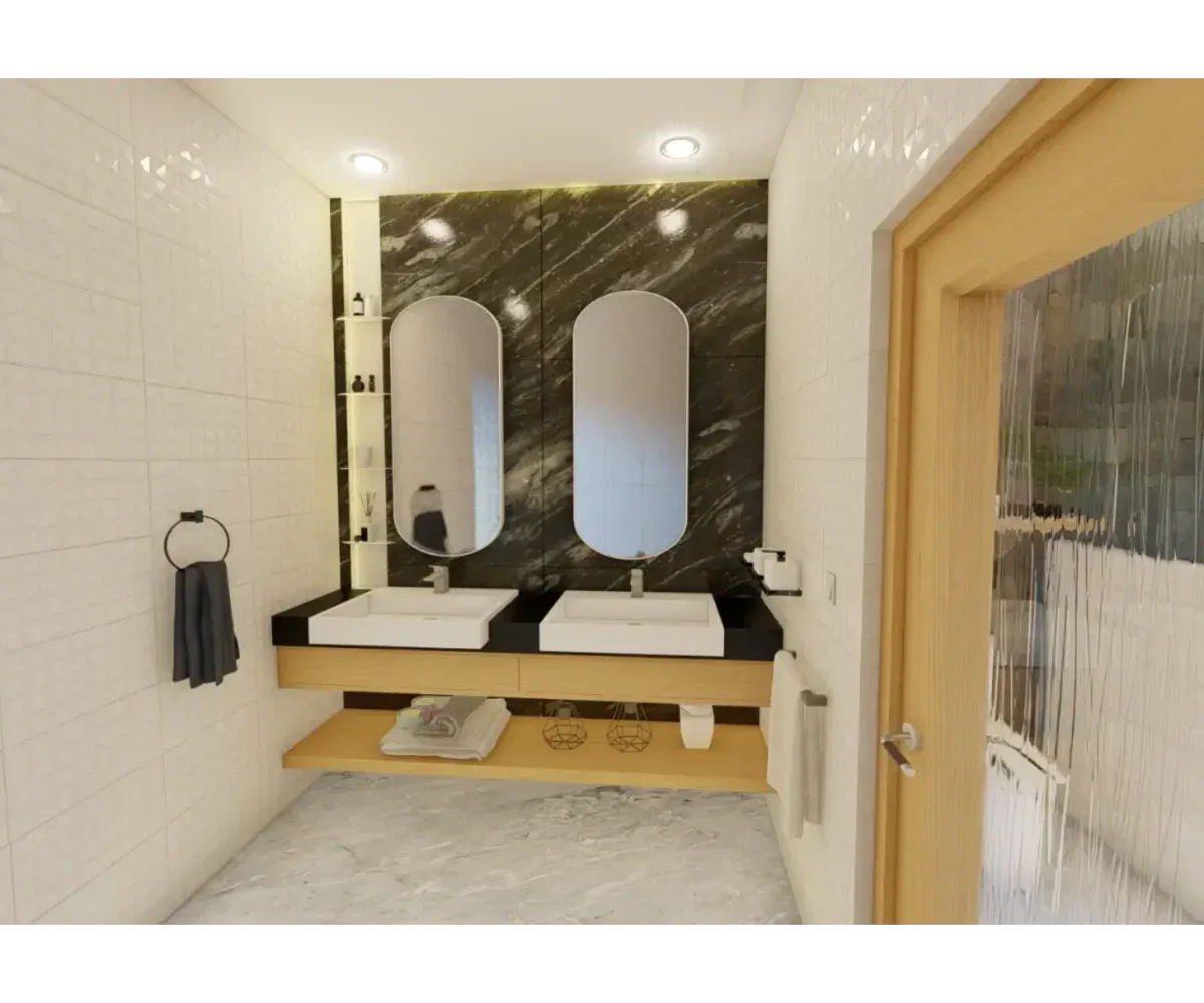 Baño moderno con doble lavabo y diseño elegante.