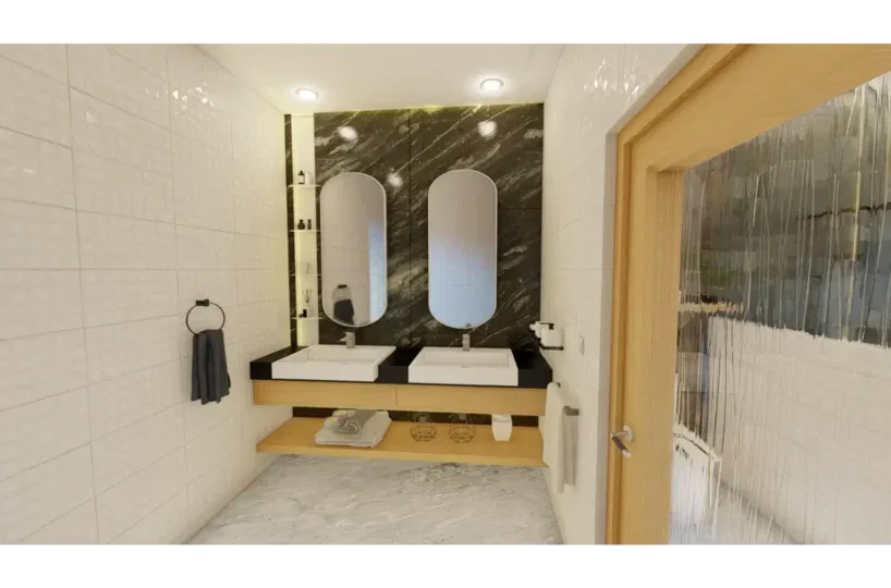 Baño moderno con doble lavabo y diseño elegante.