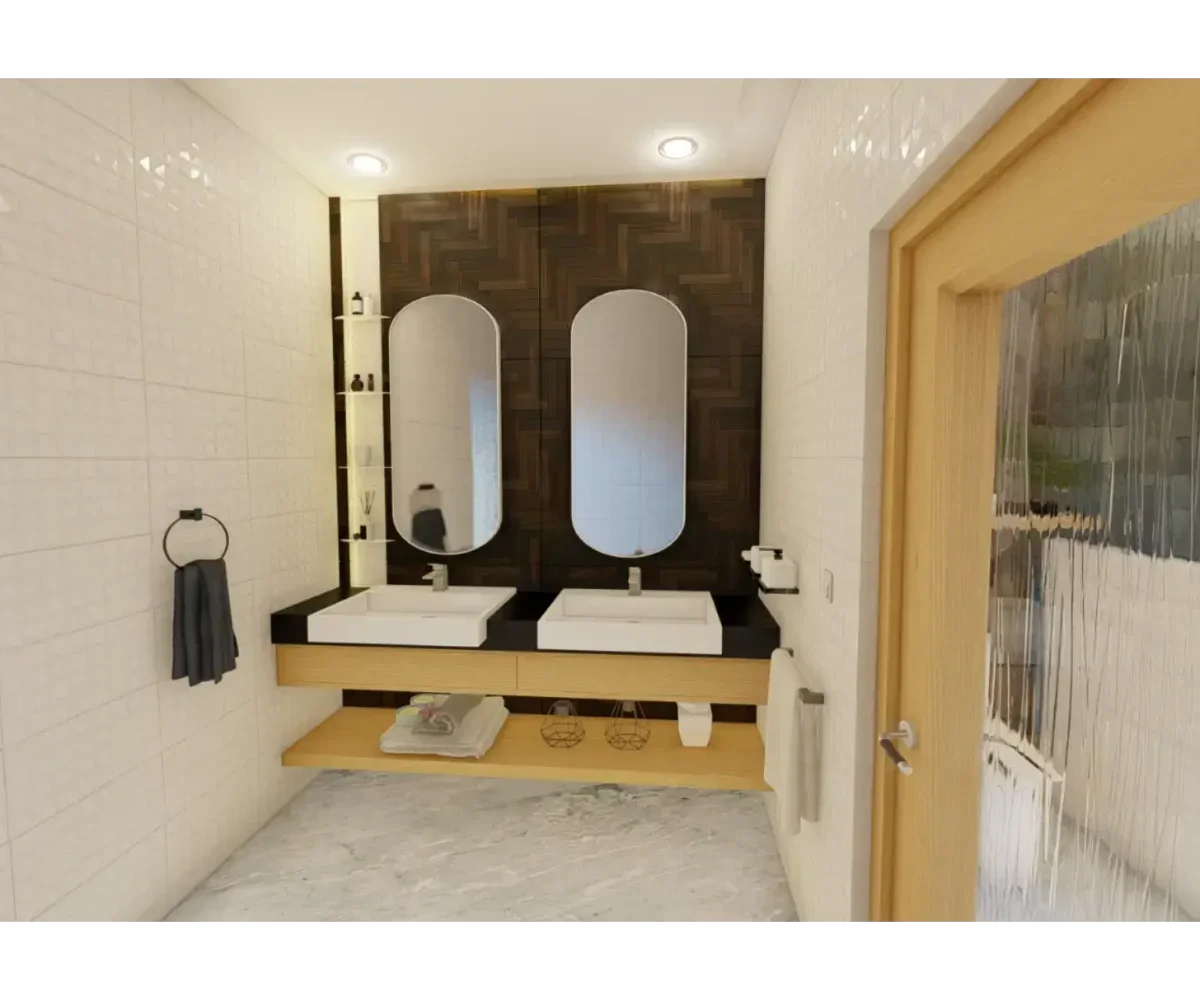 Espejos y lavabos en baño de estilo contemporáneo en Las Terrenas, Samaná.