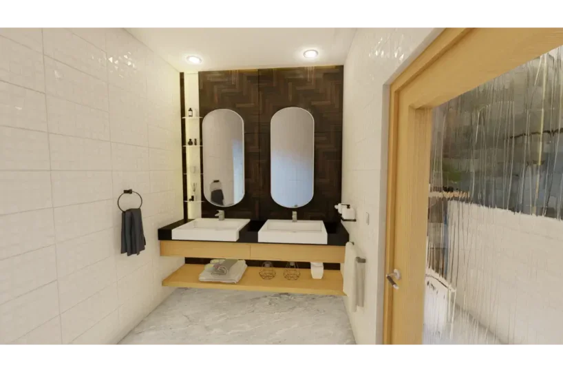 Espejos y lavabos en baño de estilo contemporáneo en Las Terrenas, Samaná.