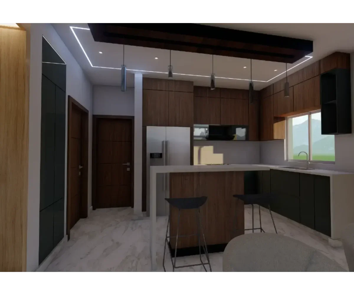 Cocina moderna y elegante en Las Terrenas, ubicada en Calle Duarte, con acabados en madera y detalle.