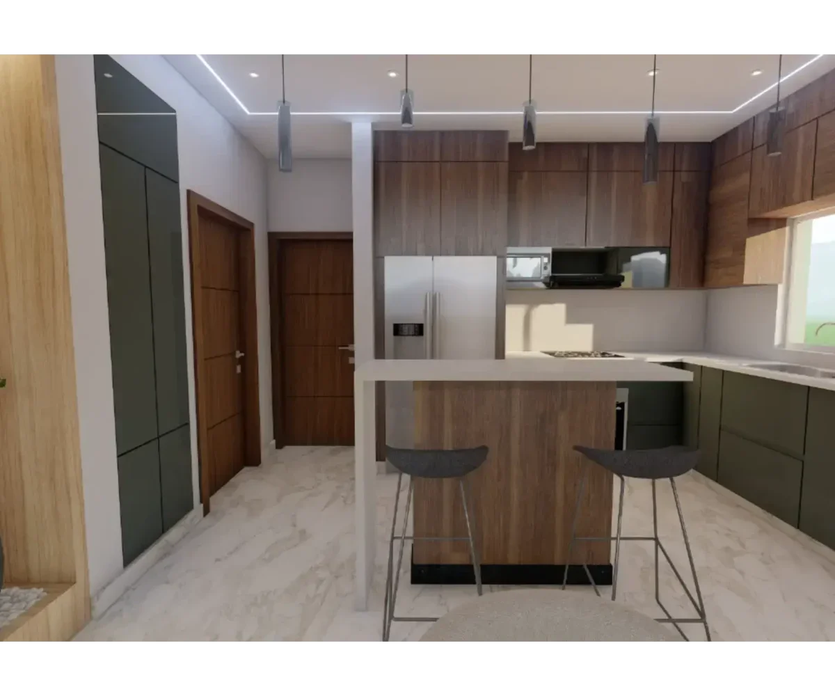 Esquina moderna con gabinetes de madera y encimeras de mármol en Las Terrenas.