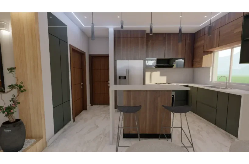 Esquina moderna con gabinetes de madera y encimeras de mármol en Las Terrenas.
