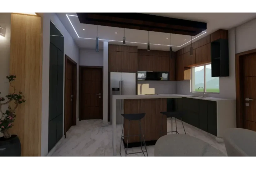 Cocina moderna y elegante en Las Terrenas, ubicada en Calle Duarte, con acabados en madera y detalle.