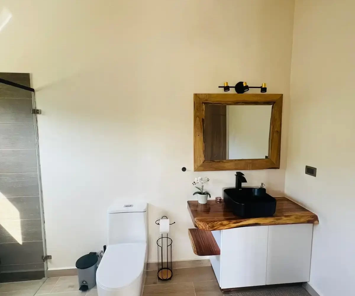 Lavamanos, espejo e inodoro en el baño de la villa en Las Terrenas