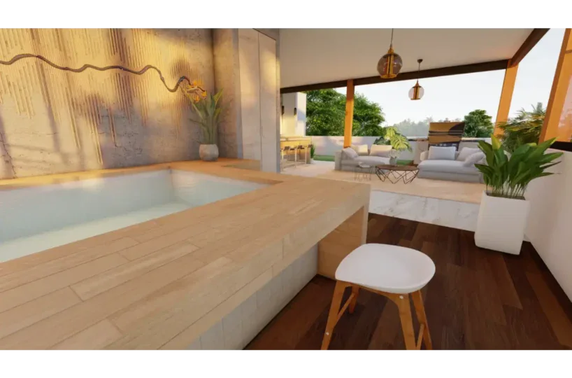 Vista de terraza con jacuzzi y área de descanso en Las Terrenas, Samaná.