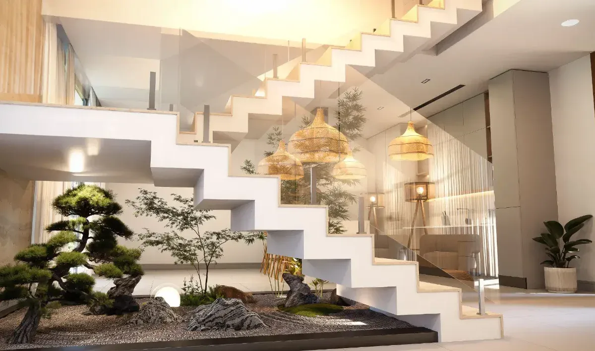 Esquina moderna con escalera y jardín interior en Las Terrenas.