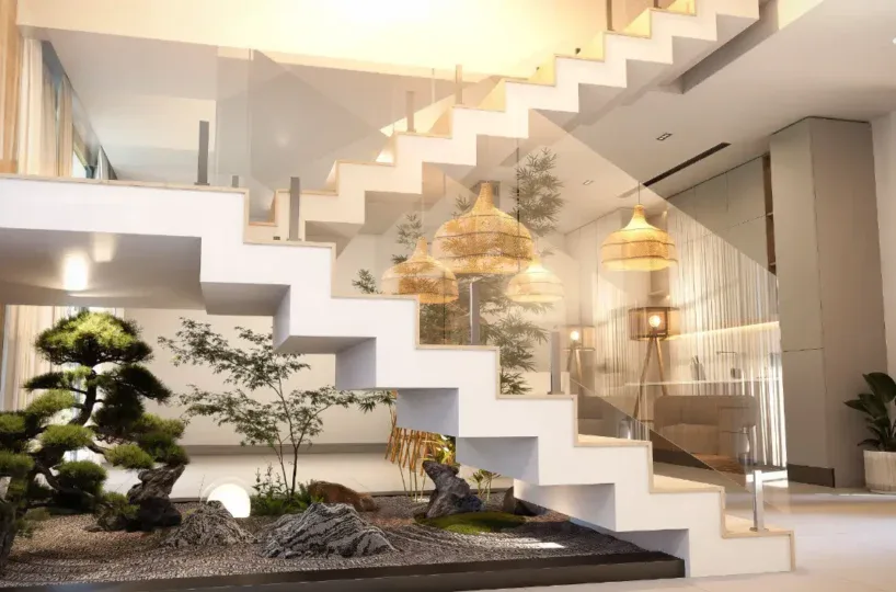 Esquina moderna con escalera y jardín interior en Las Terrenas.