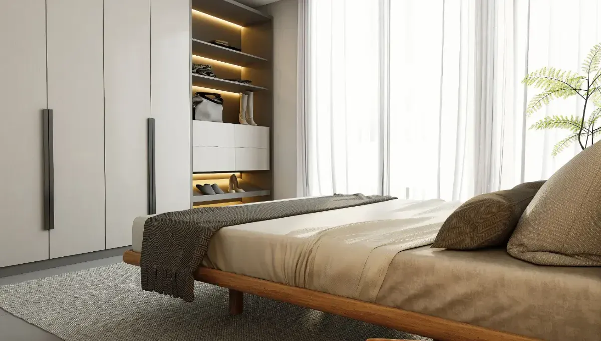 Habitación moderna en Las Terrenas con armario empotrado y vista natural.