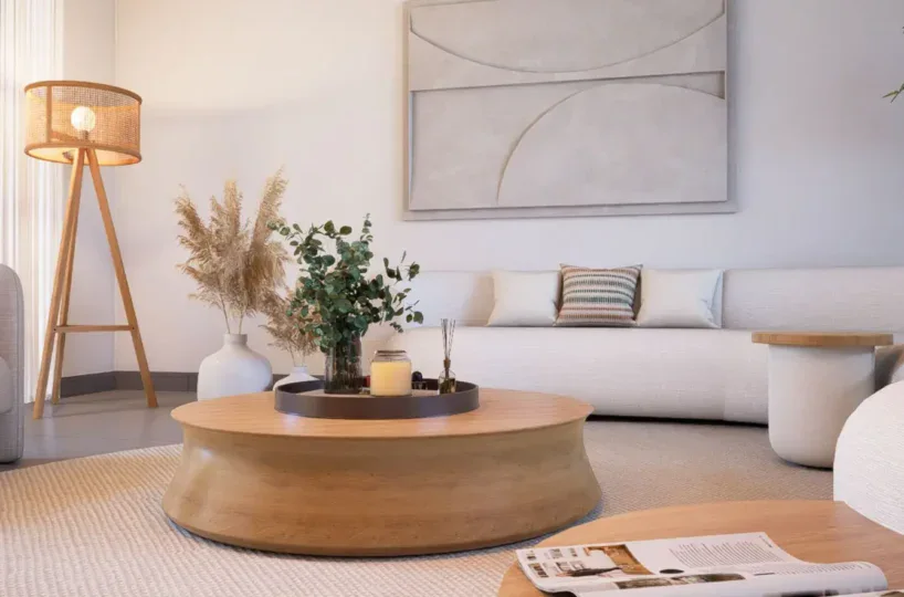 Conjunto de sala moderna en Playa el Portillo, Las Terrenas, con mobiliario minimalista y decoración.