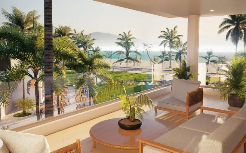 Vista de la terraza con muebles y plantas en Playa el Portillo, Las Terrenas.