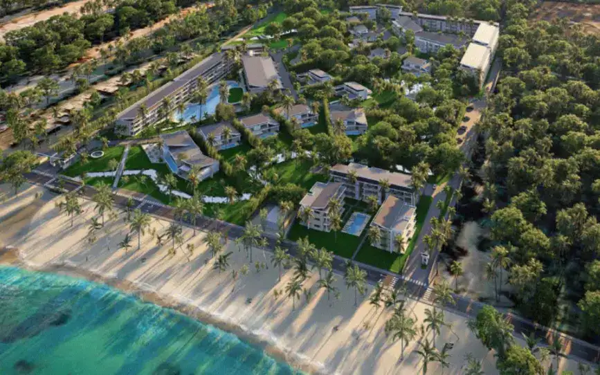 Complejo residencial Paradise Holiday en Las Terrenas, vista aérea de la playa El Portillo.