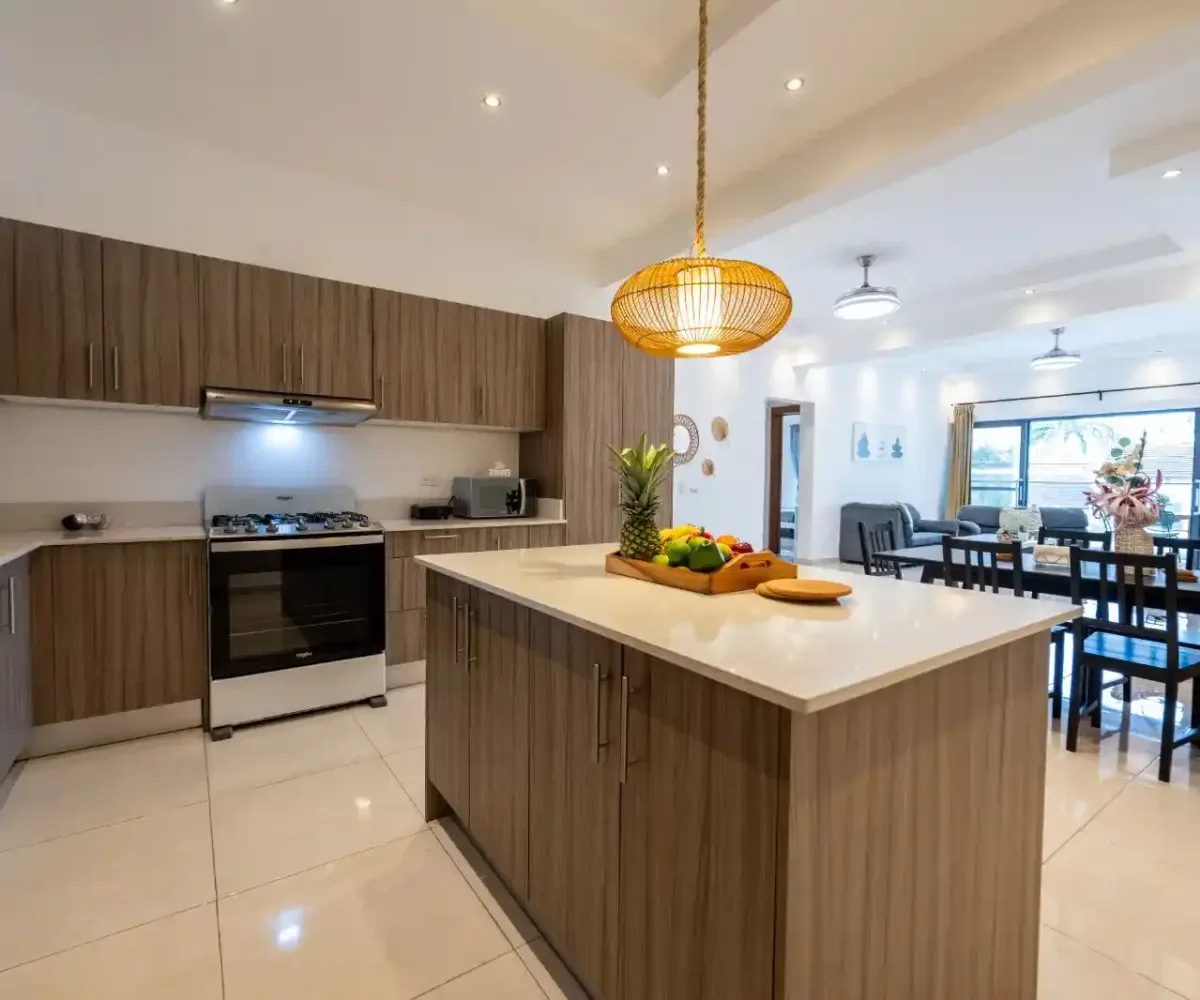 Cocina moderna y espaciosa en Las Terrenas, con isla central y electrodomésticos de alta calidad.