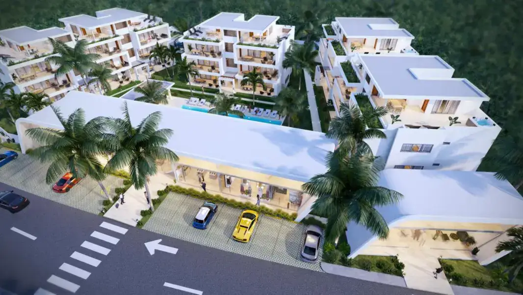 Residencial moderno en Las Terrenas, a 400 metros de la playa Las Ballenas, con apartamentos y áreas.