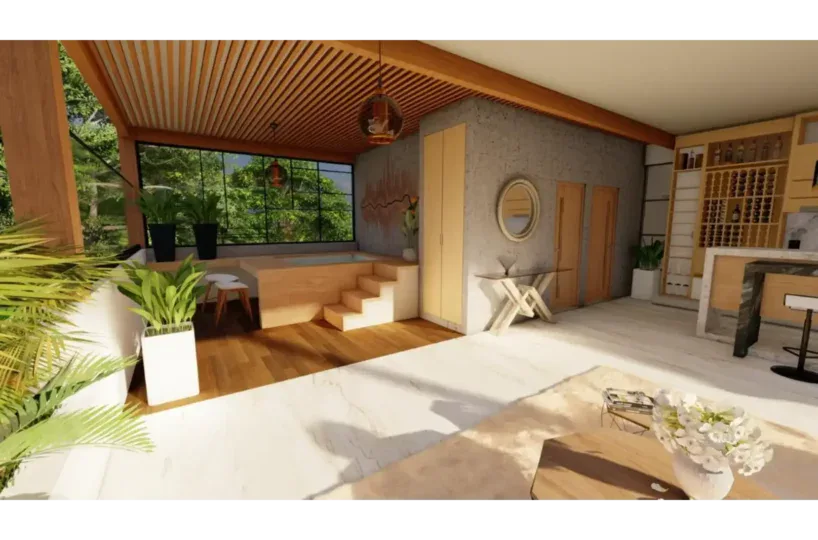 Interiores modernos en Las Terrenas, Samaná, con vista a la naturaleza.