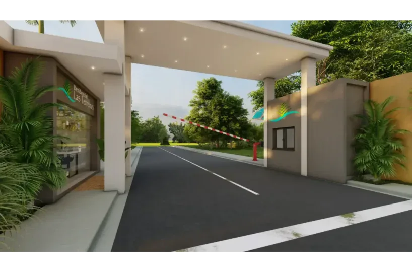 Entrada moderna y segura en Calle Duarte, Las Terrenas, Samaná, con control de acceso y áreas verdes.