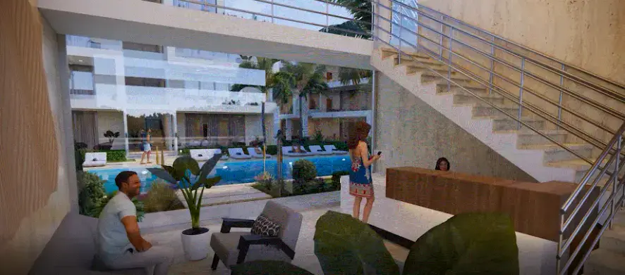 Zona social moderna en Las Terrenas, cerca de la playa Las Ballenas.