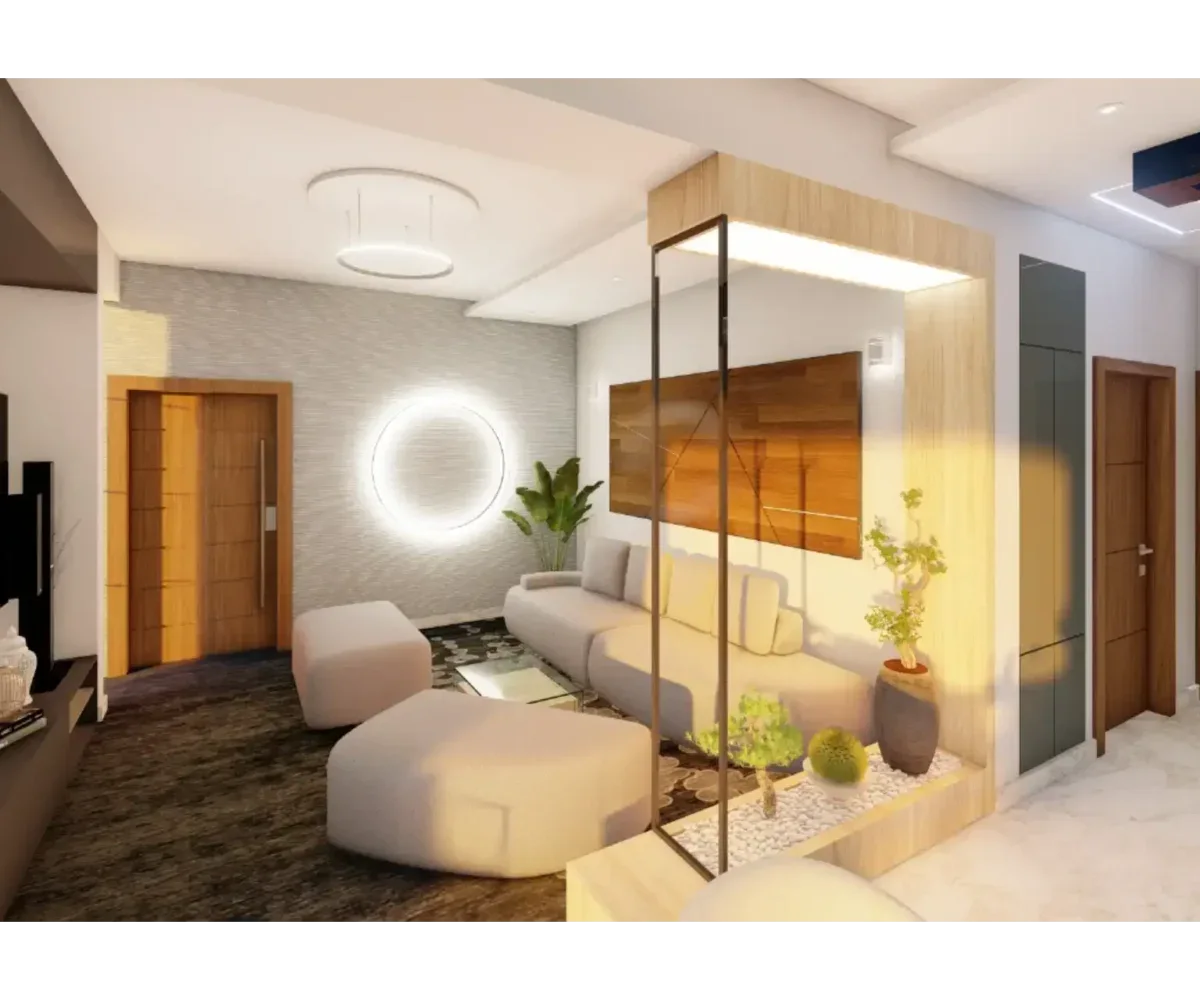 Amplio salón moderno en Las Terrenas con decoración elegante y mobiliario cómodo. Ideal para alquile.