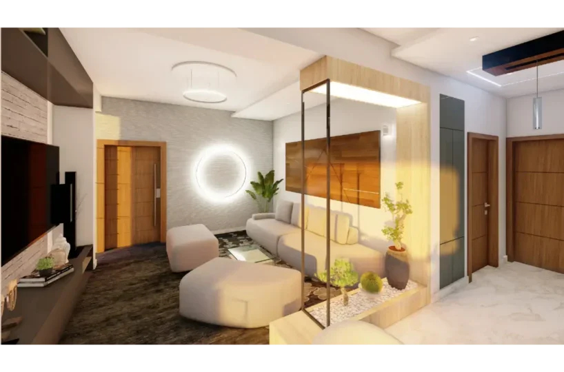 Amplio salón moderno en Las Terrenas con decoración elegante y mobiliario cómodo. Ideal para alquile.