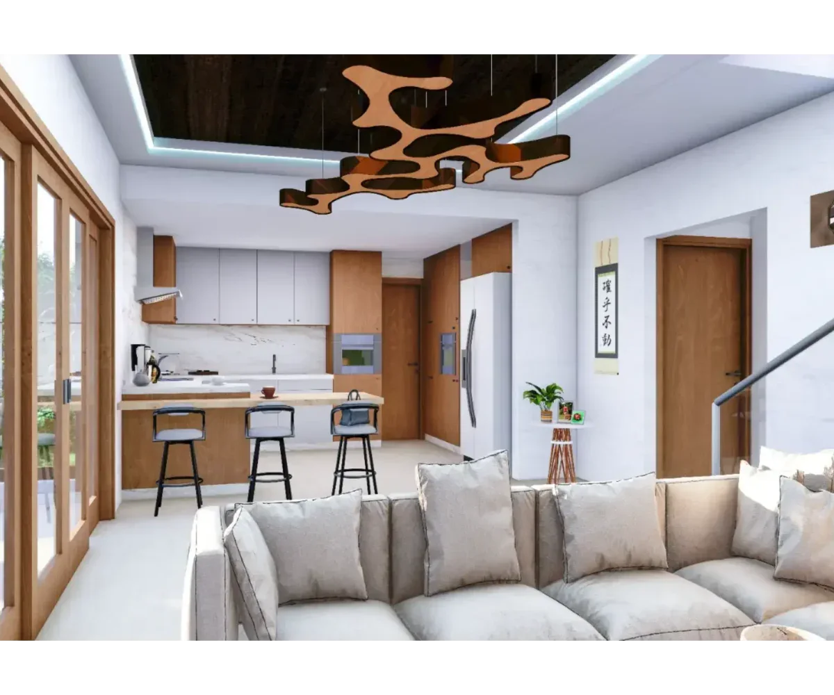 Amplio salón moderno en Las Terrenas con cocina abierta y área de descanso elegante.
