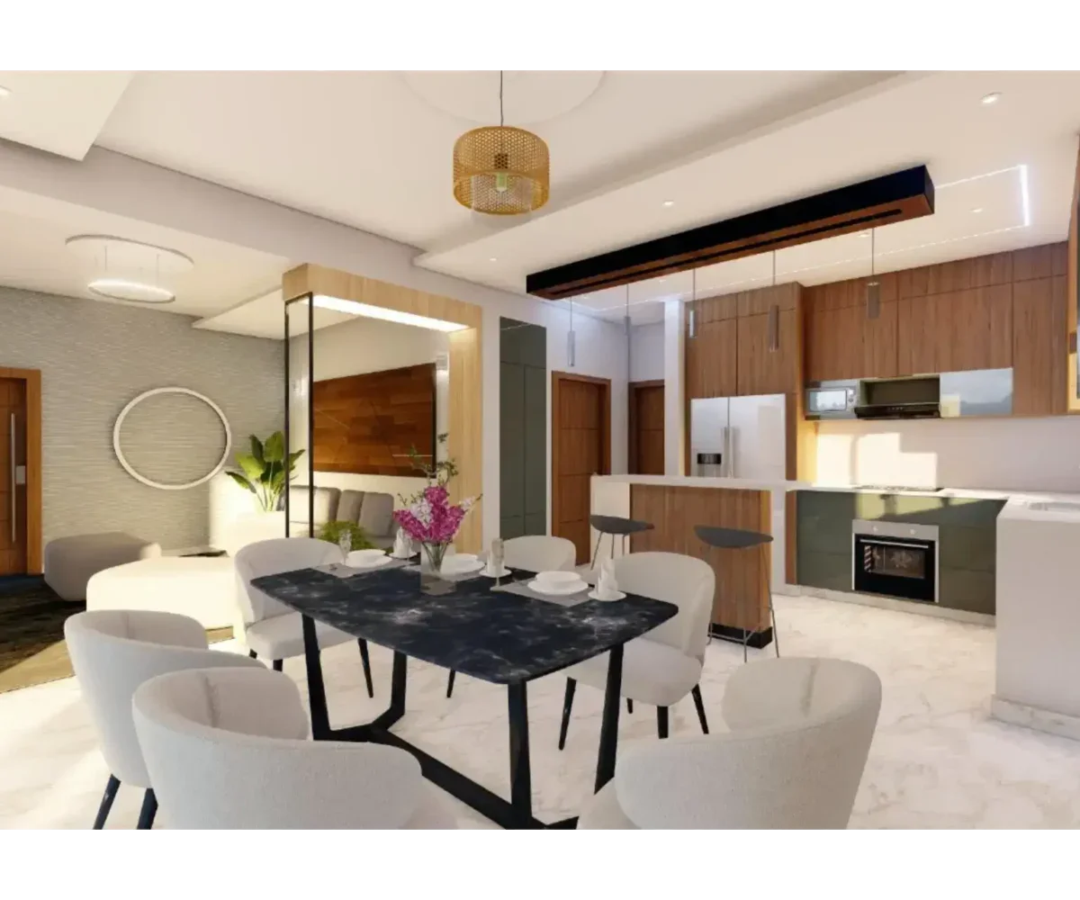 Interior de apartamento moderno en Las Terrenas, con sala, comedor y cocina abierta.