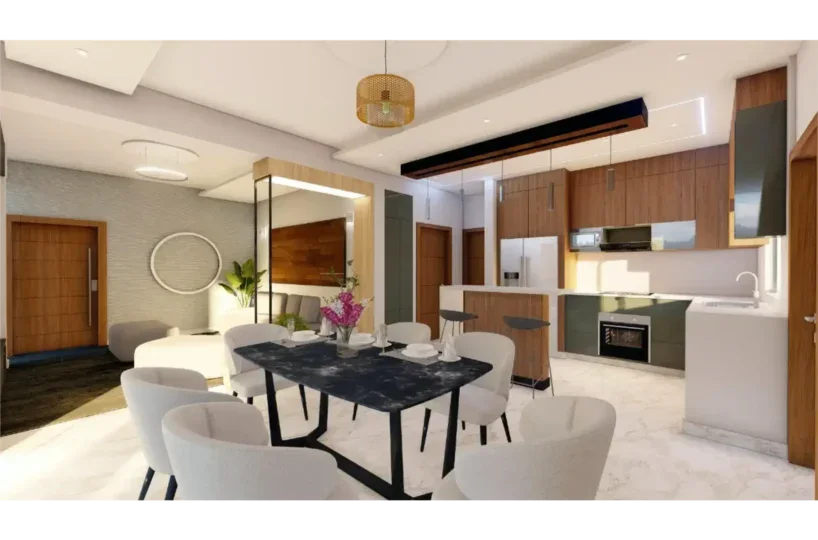 Interior de apartamento moderno en Las Terrenas, con sala, comedor y cocina abierta.
