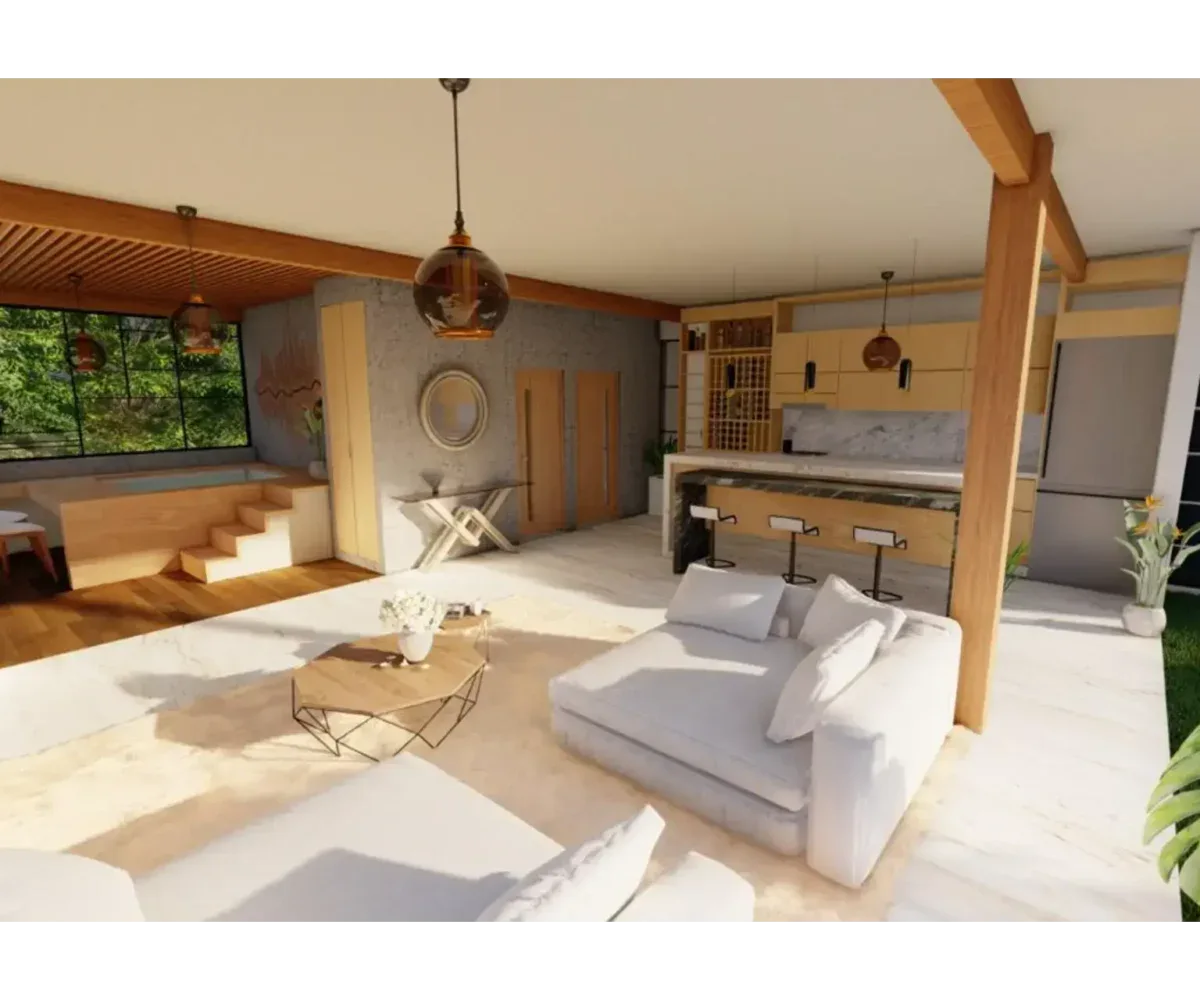 Interiores de casa moderna en Las Terrenas, Samaná, con diseño abierto y decoración elegante.