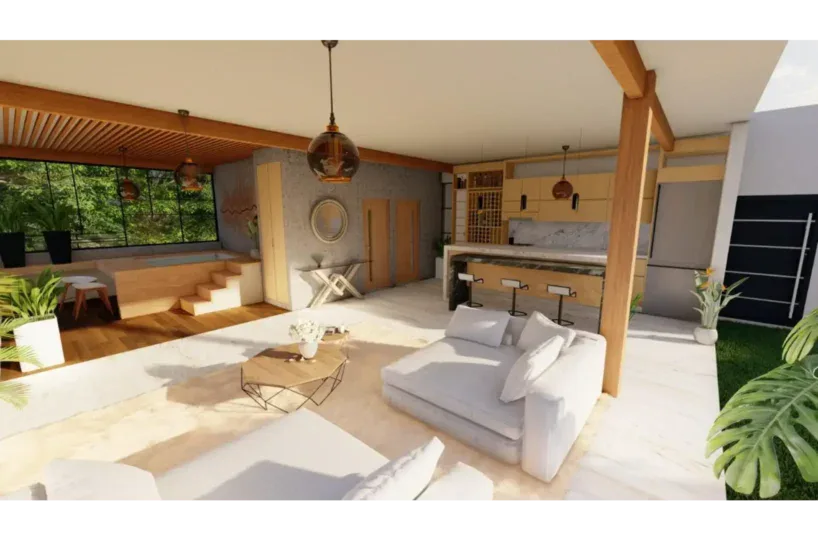 Interiores de casa moderna en Las Terrenas, Samaná, con diseño abierto y decoración elegante.